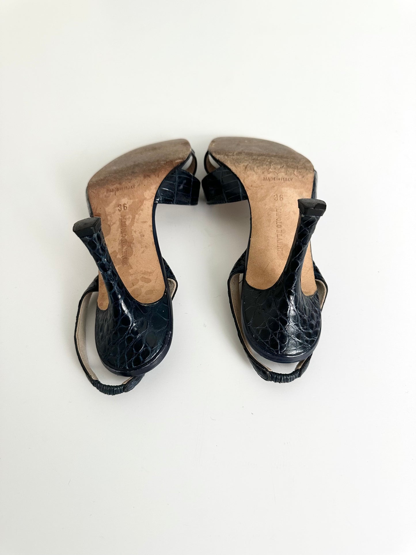 Manolo Blahnik Navy Croc Callasli Slingback 36