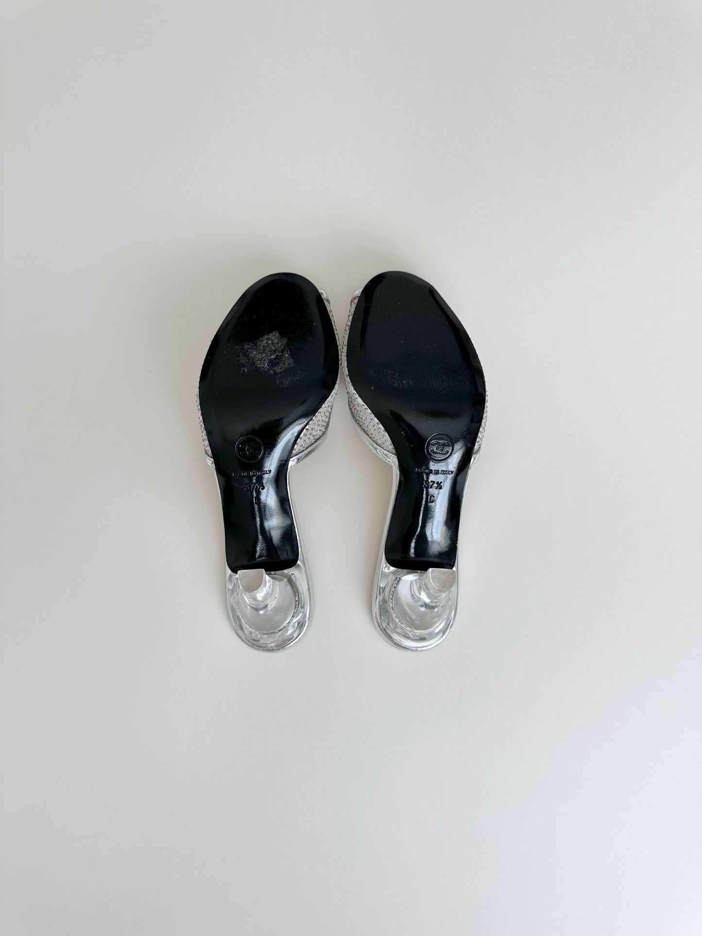 Chanel Silver Lucite Mesh Heels 37.5