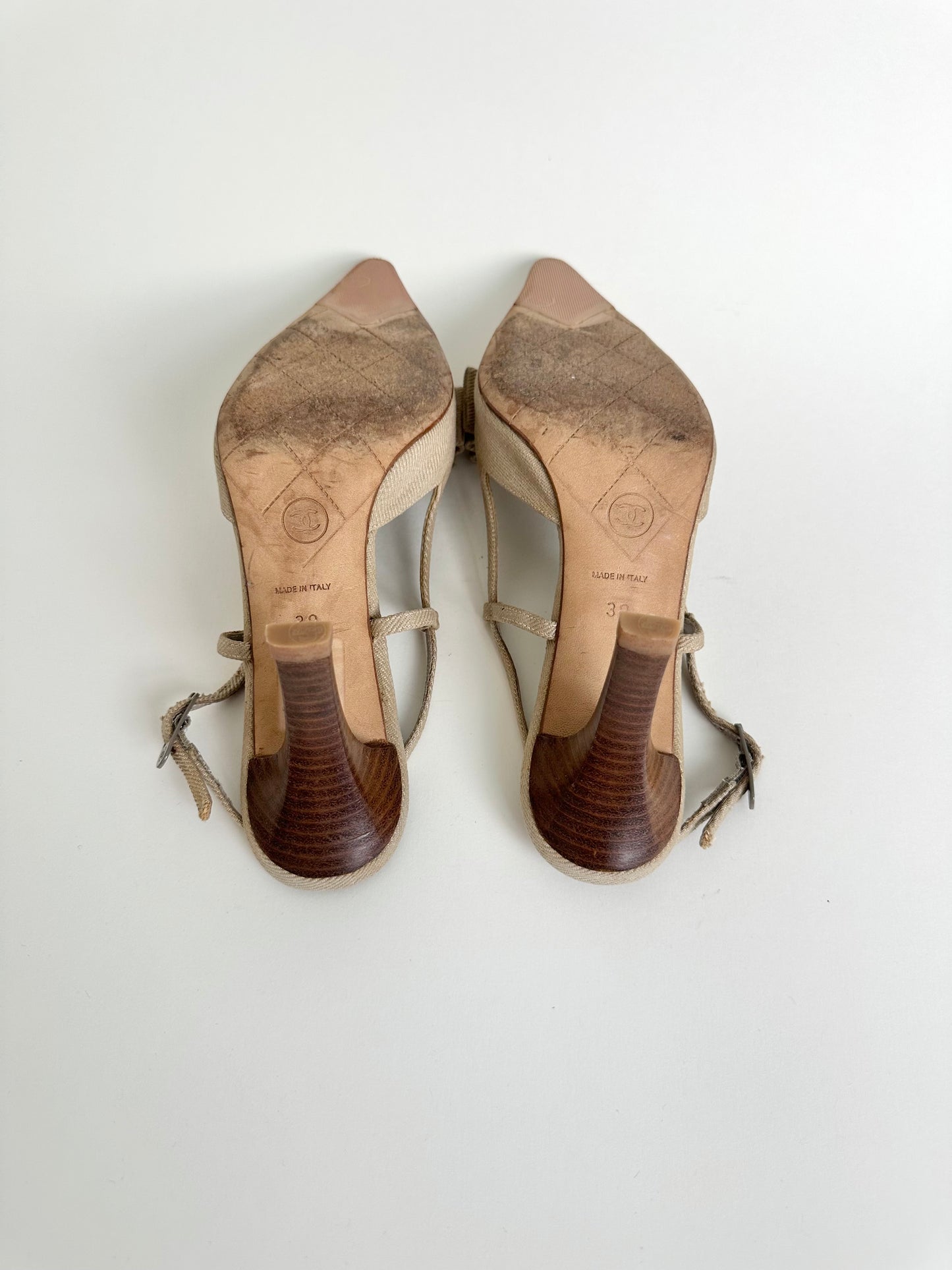 Chanel Beige Linen Bow Slingbacks 38