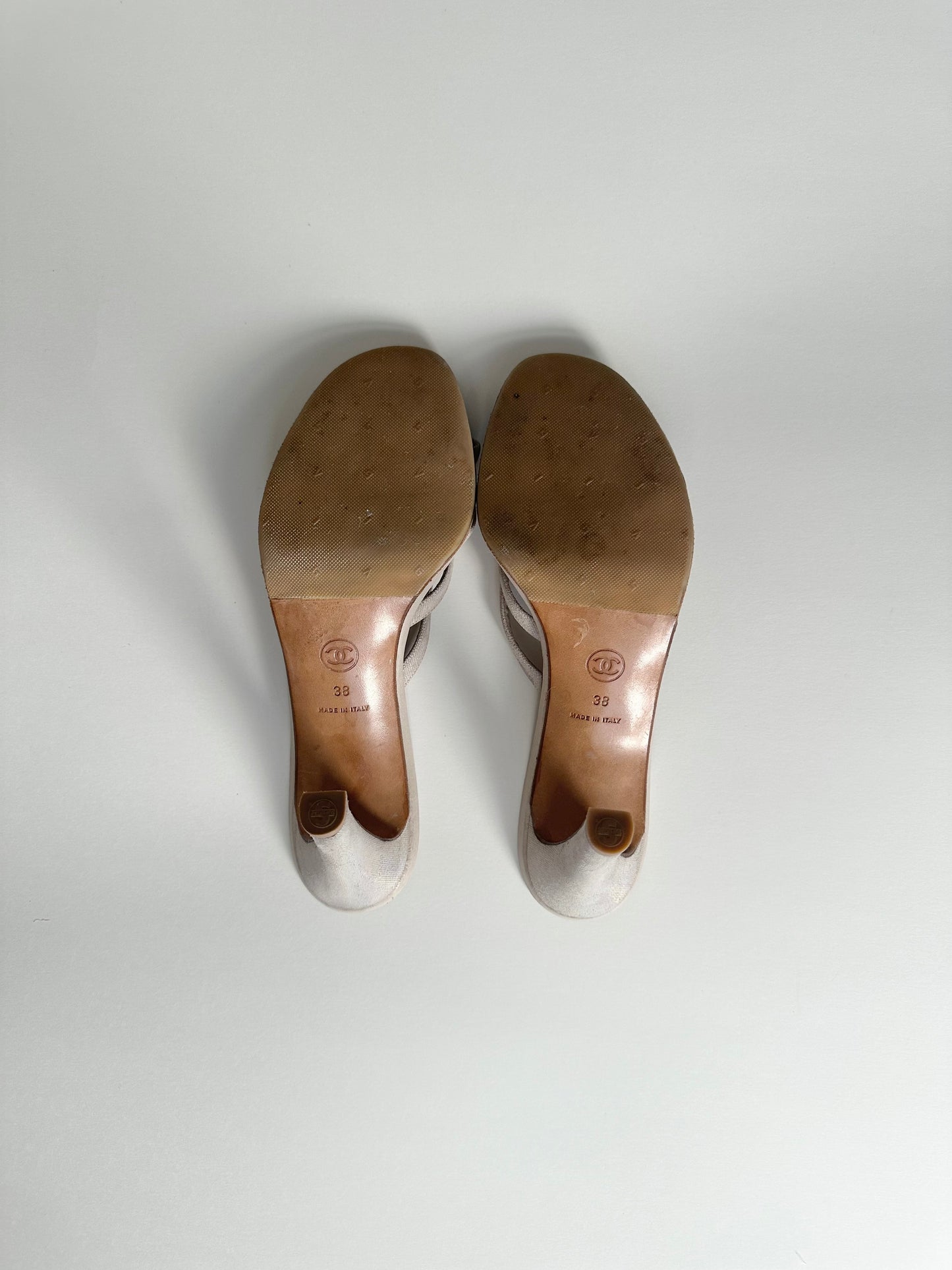 Chanel Beige Rhinestone Logo Sandals 38