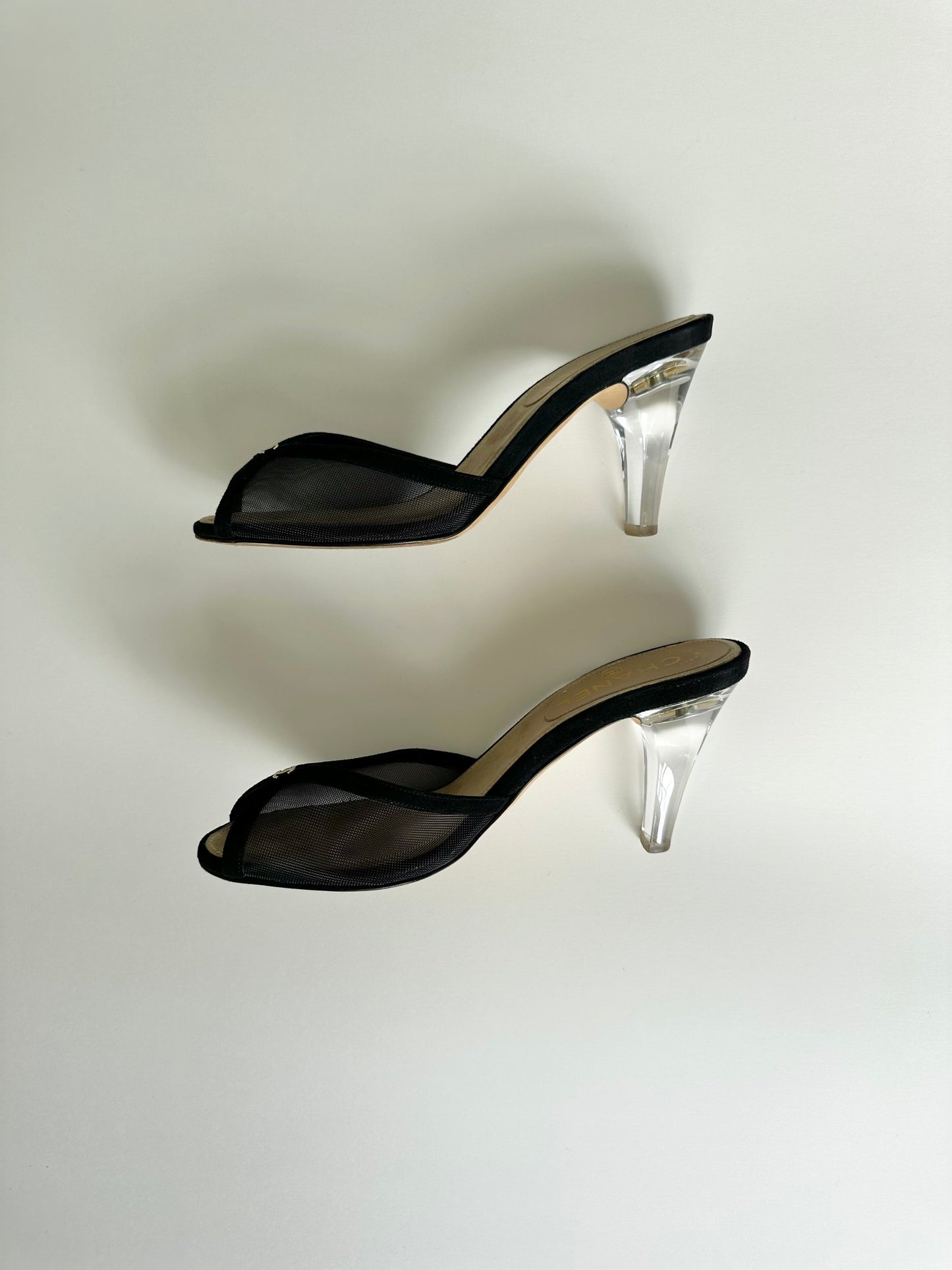 Chanel Black Mesh Logo Sandals 37.5