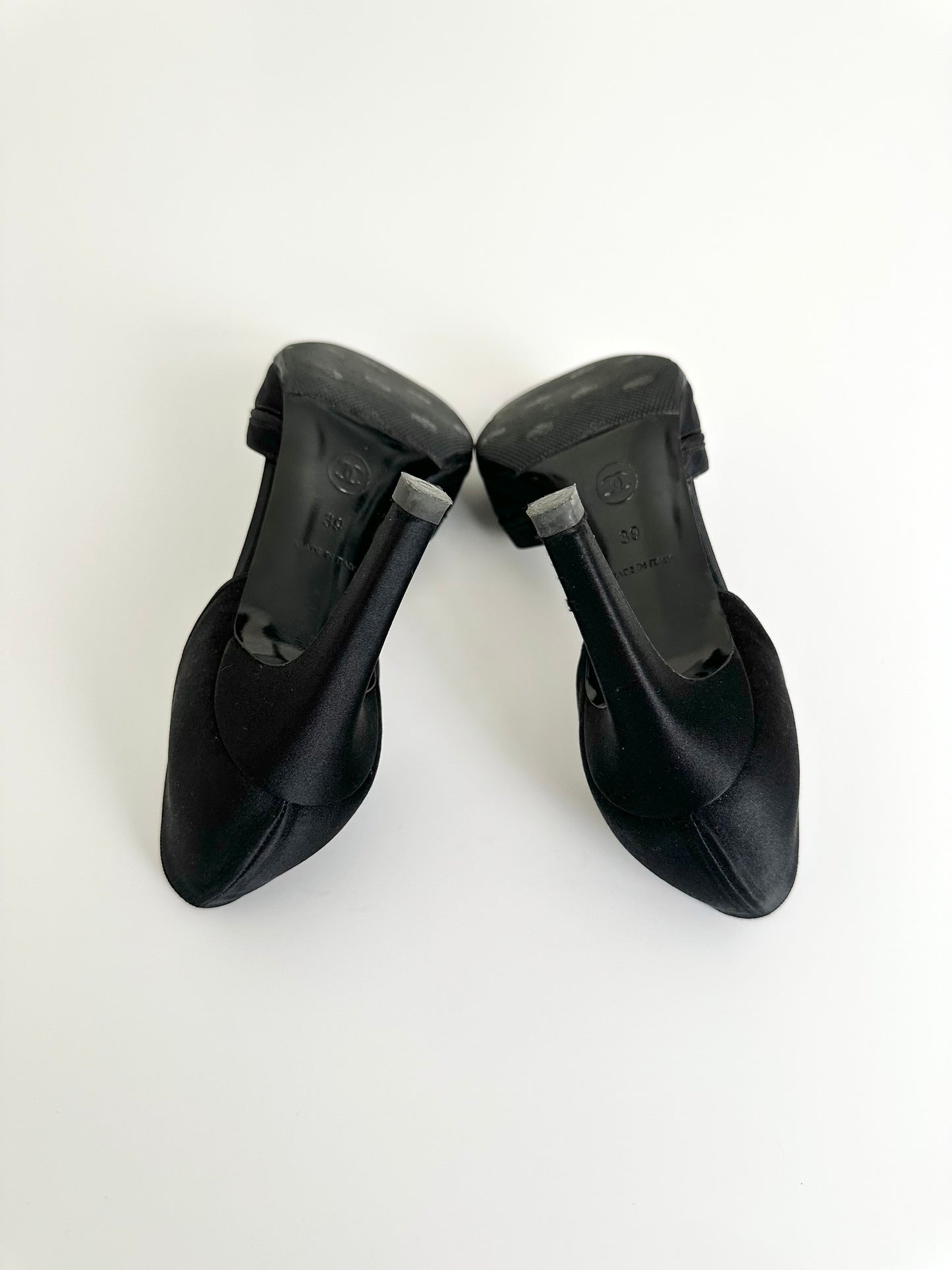 Chanel Black Satin Rhinestone Logo Pumps 39