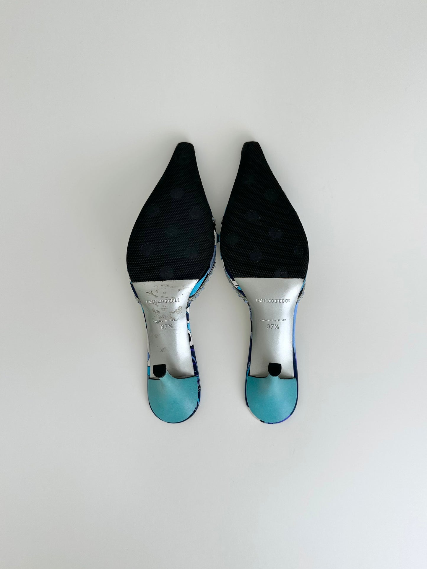 Pucci Blue Satin Beaded Mules 37.5