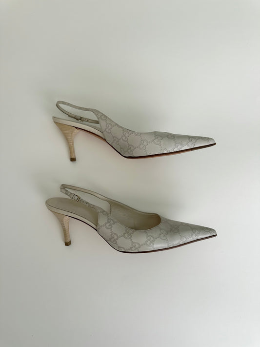 Gucci Ivory Monogram Slingbacks US 9.5