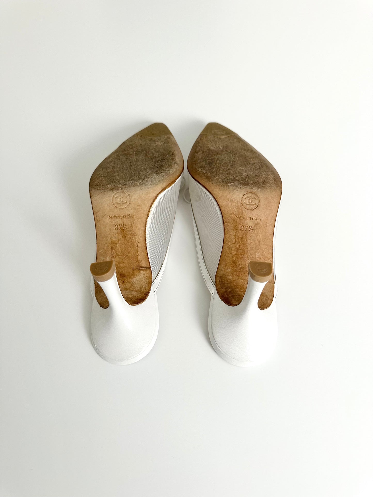 Chanel White Mesh Logo Mules 37.5