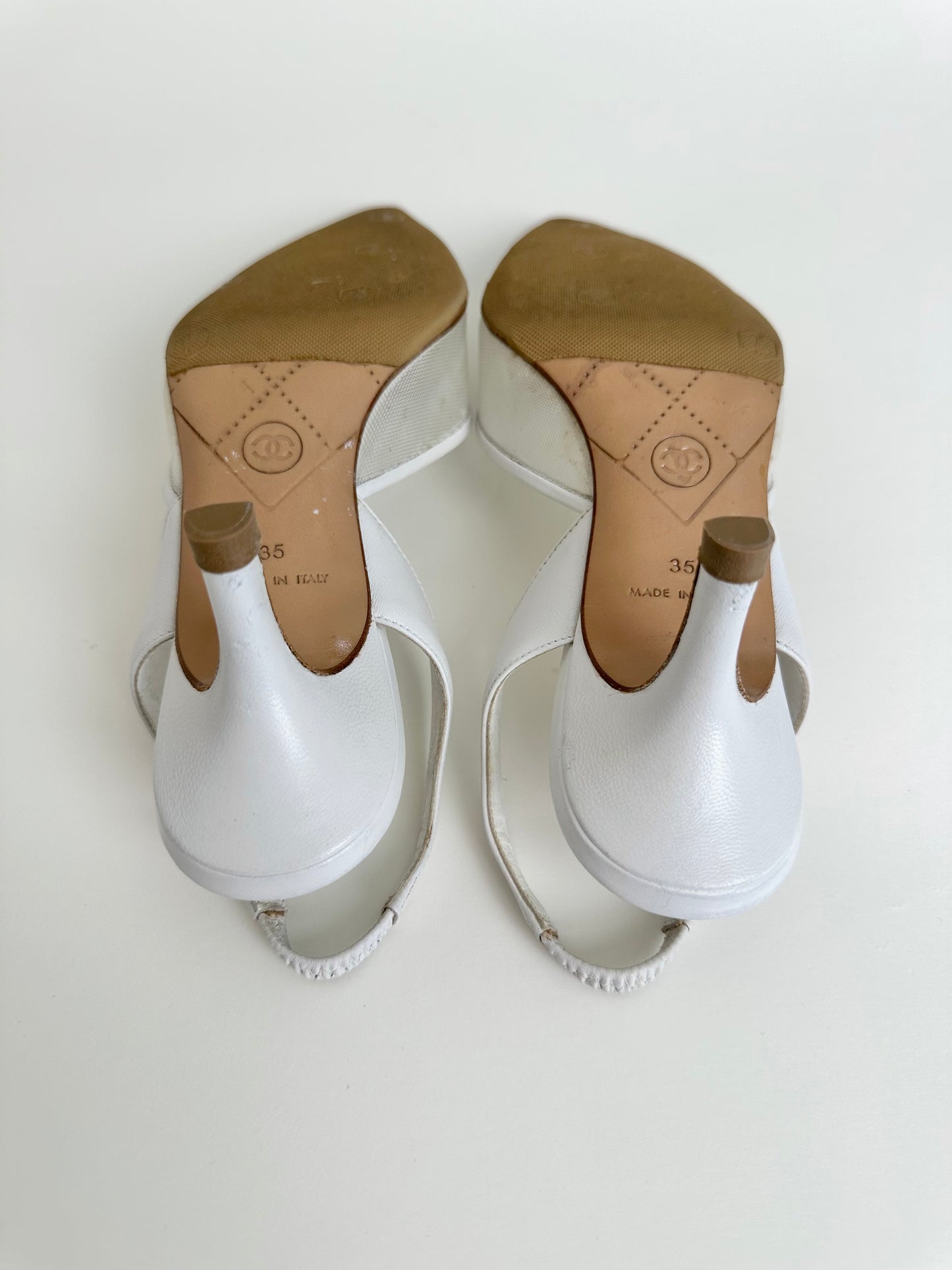 Chanel White Mesh Logo Slingback 35