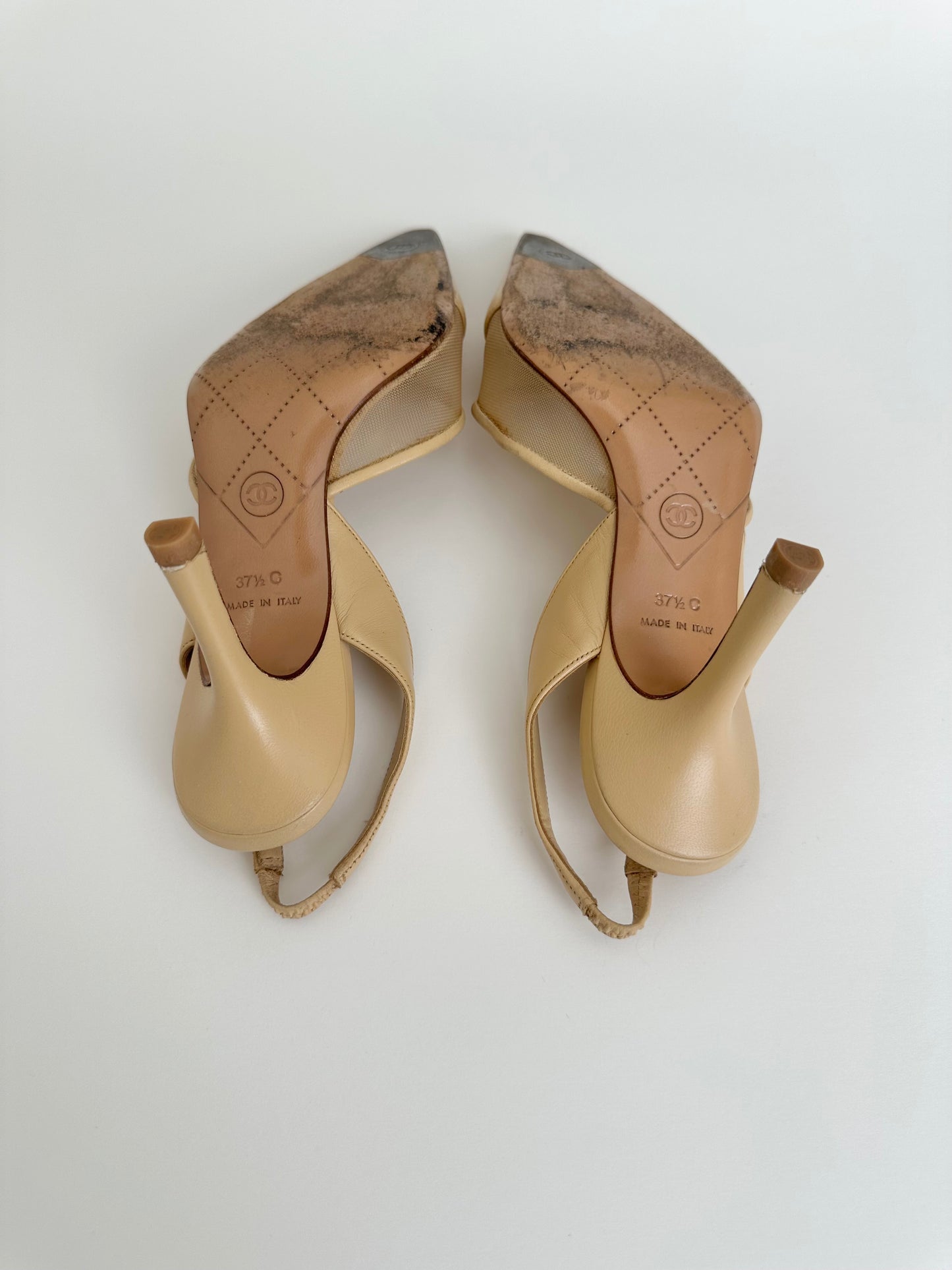 Chanel Beige Mesh Logo Slingback 37.5