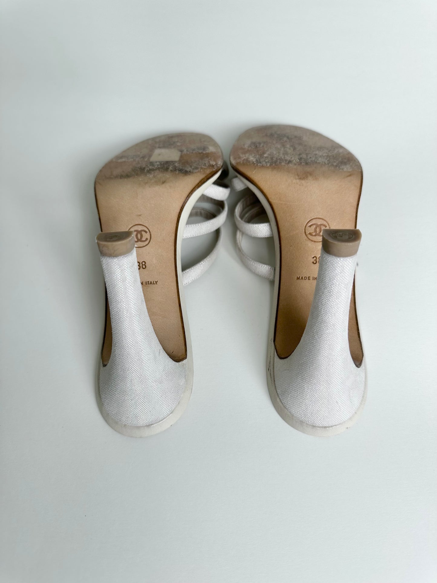 Chanel Beige Rhinestone Logo Sandals 38
