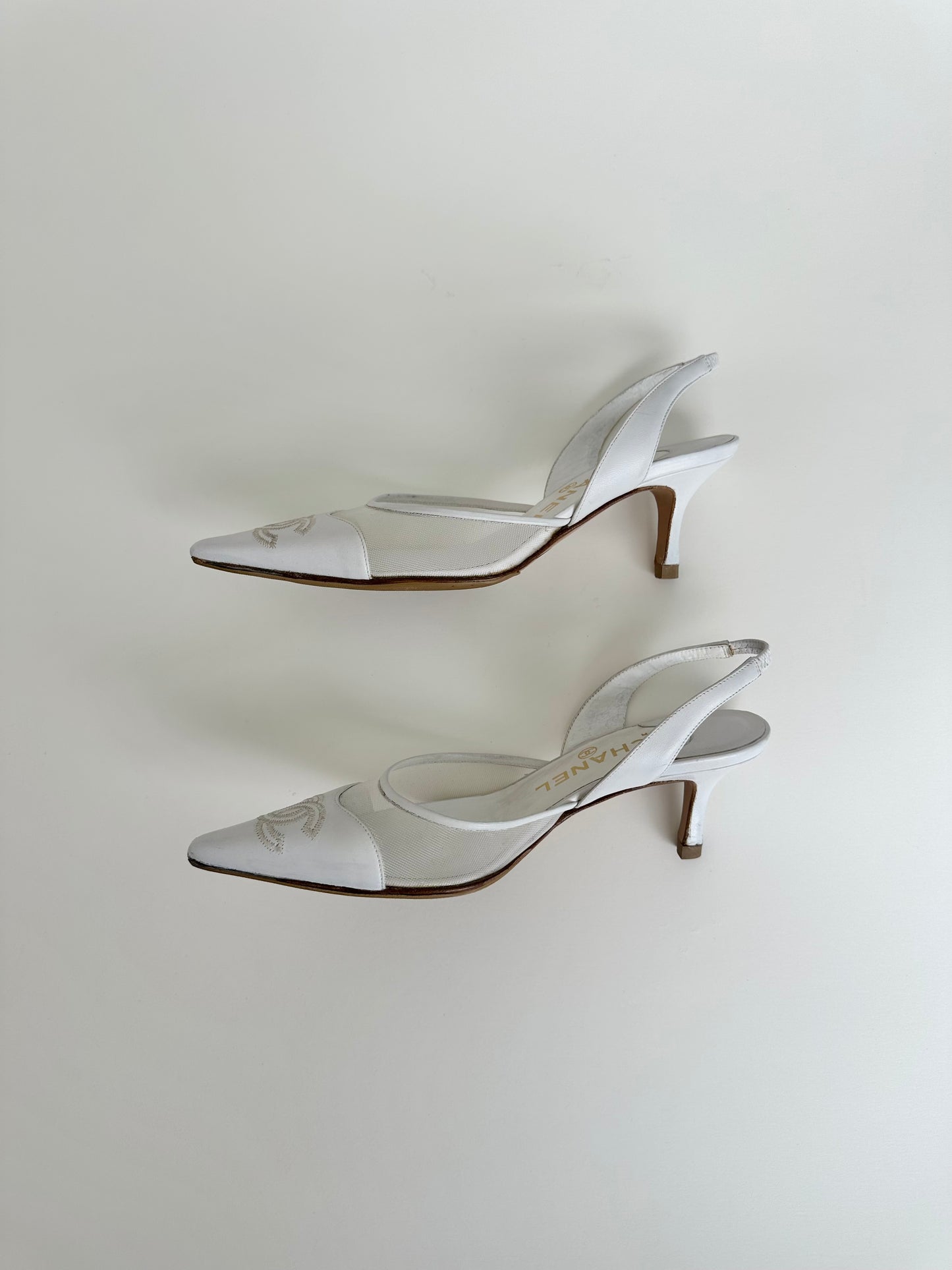 Chanel White Mesh Logo Slingback 35