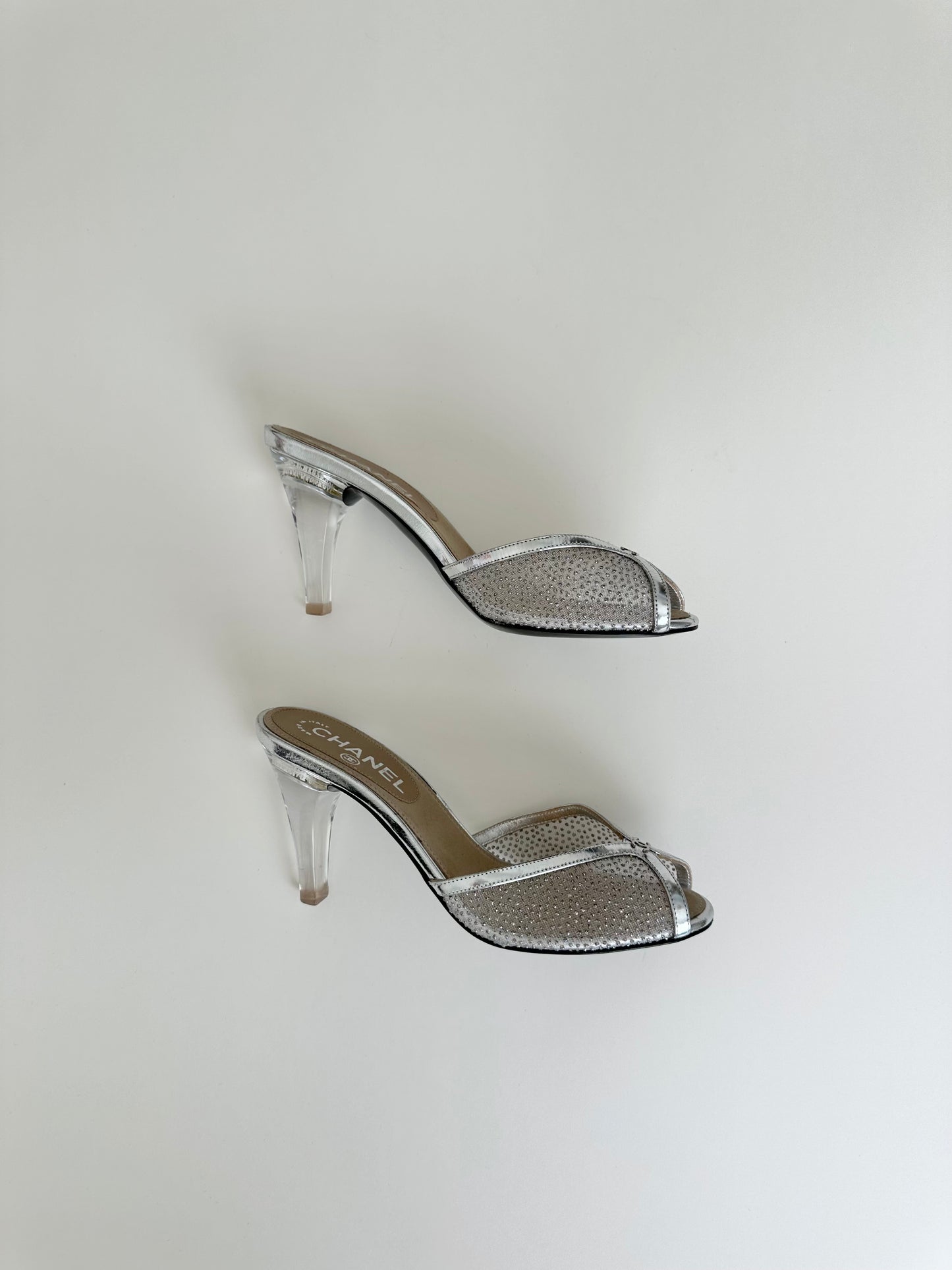 Chanel Silver Lucite Mesh Heels 37.5