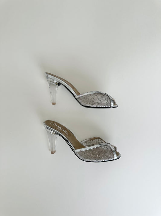 Chanel Silver Lucite Mesh Heels 37.5