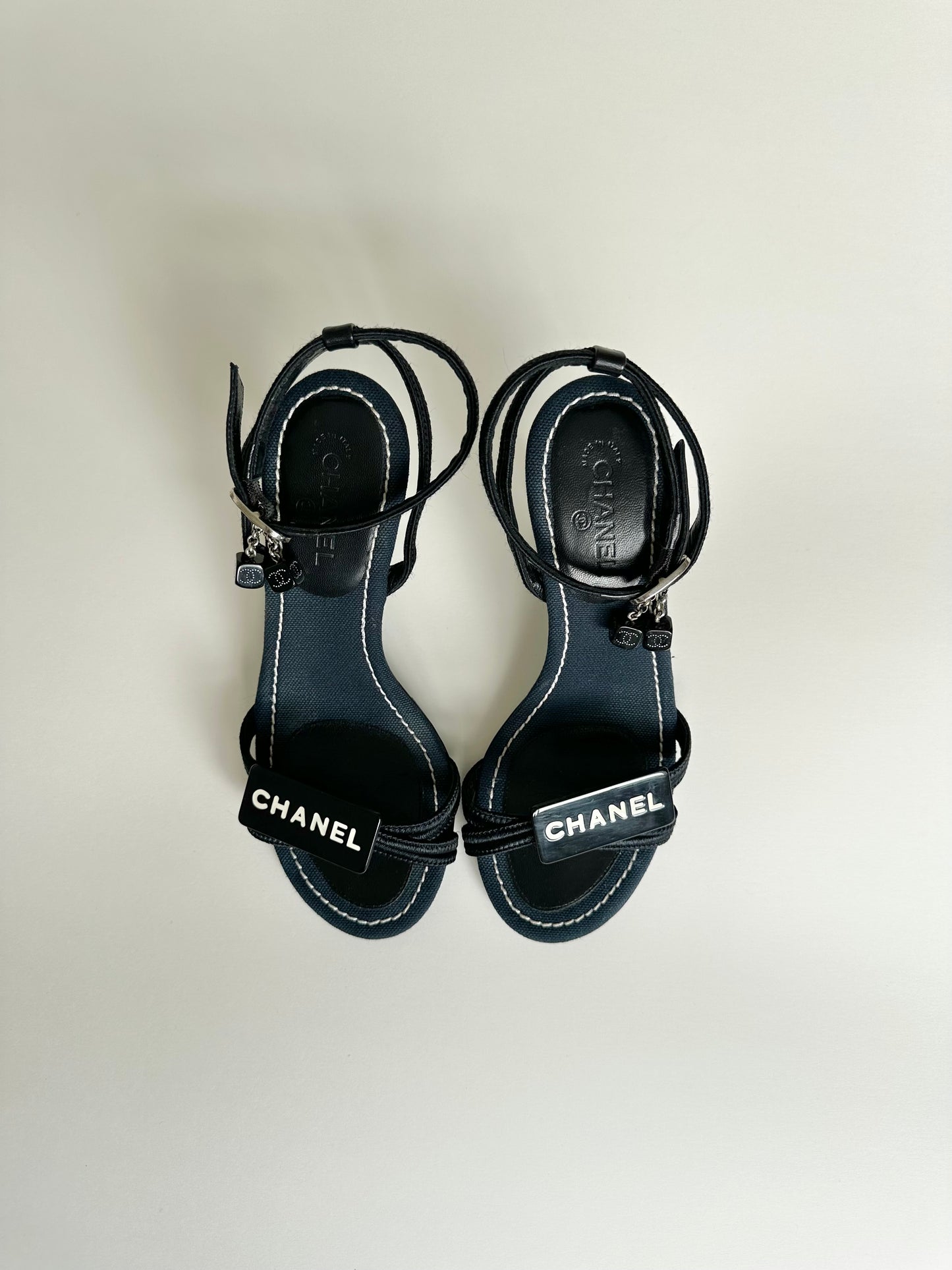 Chanel Denim Dice Ankle Strap Sandals 34