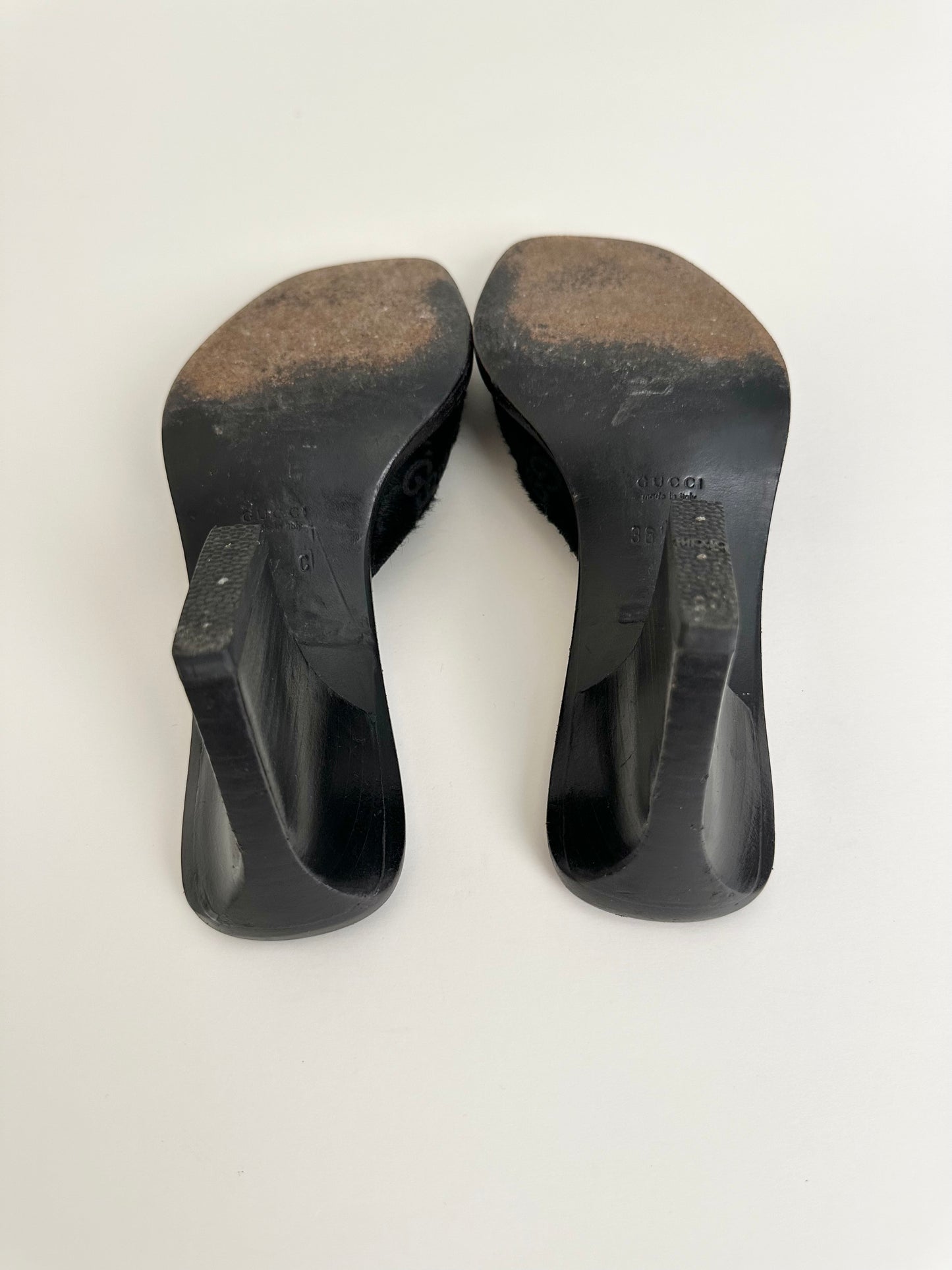 Gucci Black Monogram Ponyhair Sandals 36.5