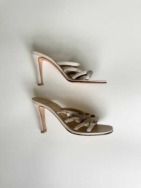 Chanel Beige Rhinestone Logo Sandals 38