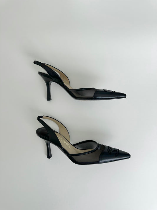 Chanel Black Mesh Logo Slingback 35