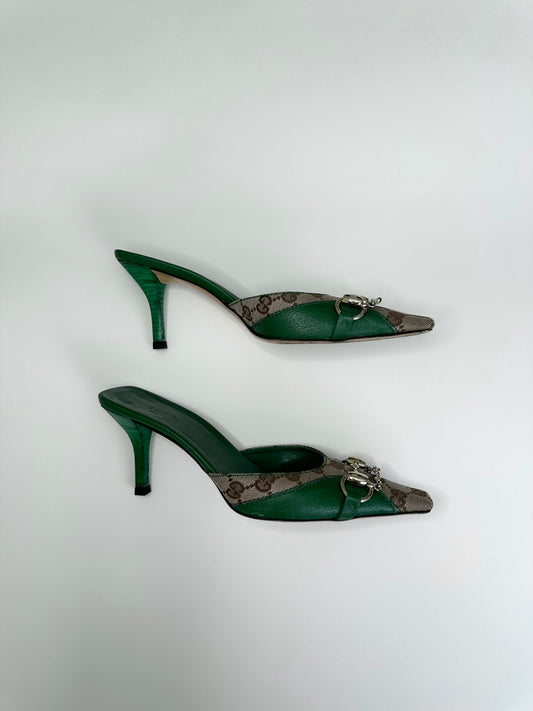 Gucci Green Monogram Mules US 7