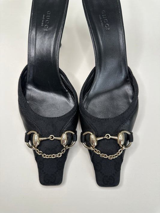Gucci Black Monogram Horsebit Mules 38