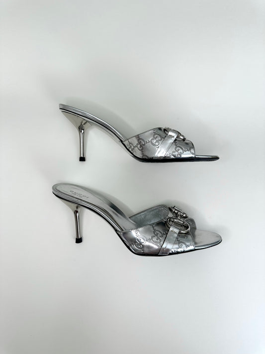 Gucci Silver Monogram Horsebit Sandals 38.5