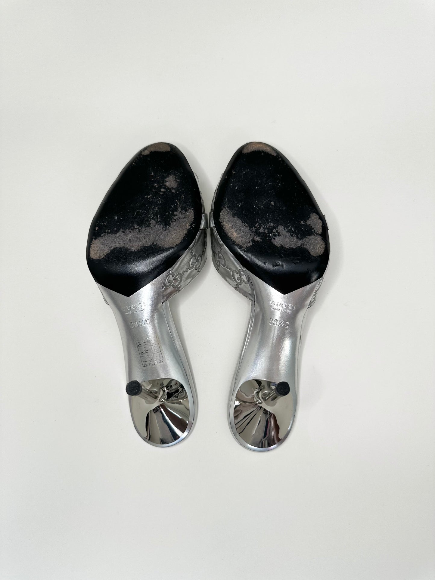 Gucci Silver Monogram Horsebit Sandals 38.5