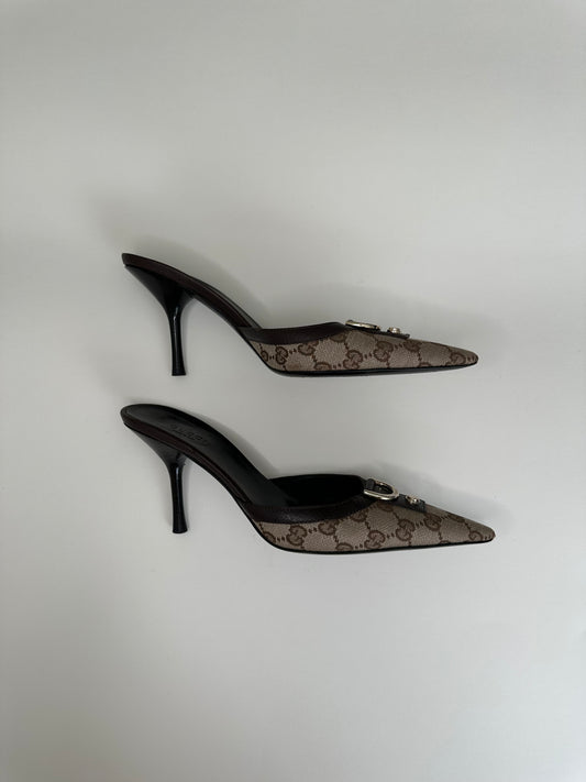 Gucci Brown Monogram Mules US 8