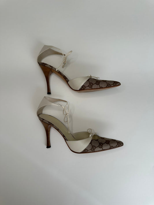 Gucci Monogram Ankle Tie Pumps US 6.5