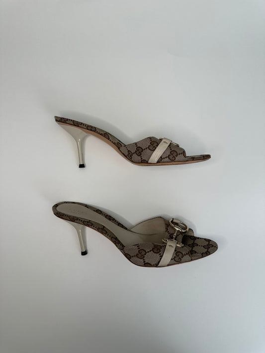 Gucci Monogram Cream Horsebit Sandals US 8.5