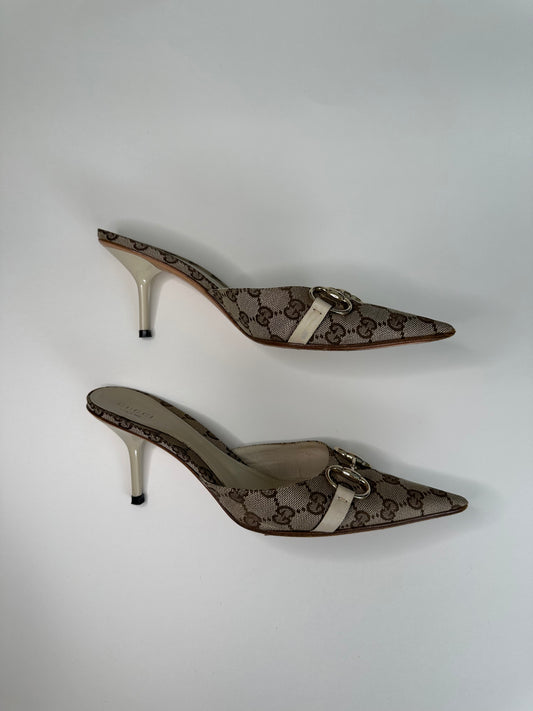 Gucci Monogram Horsebit Cream Mules US 9