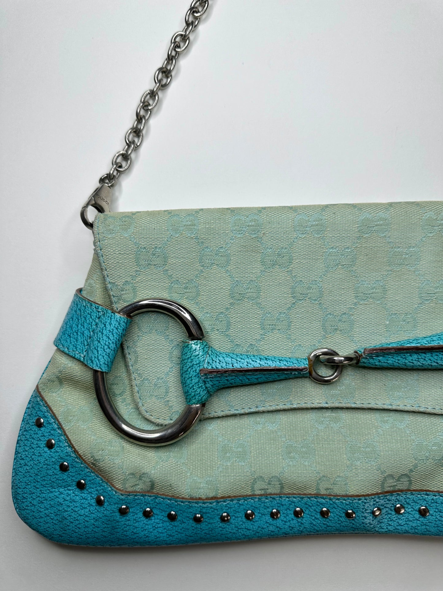 Gucci Turquoise Monogram Horsebit Clutch Bag