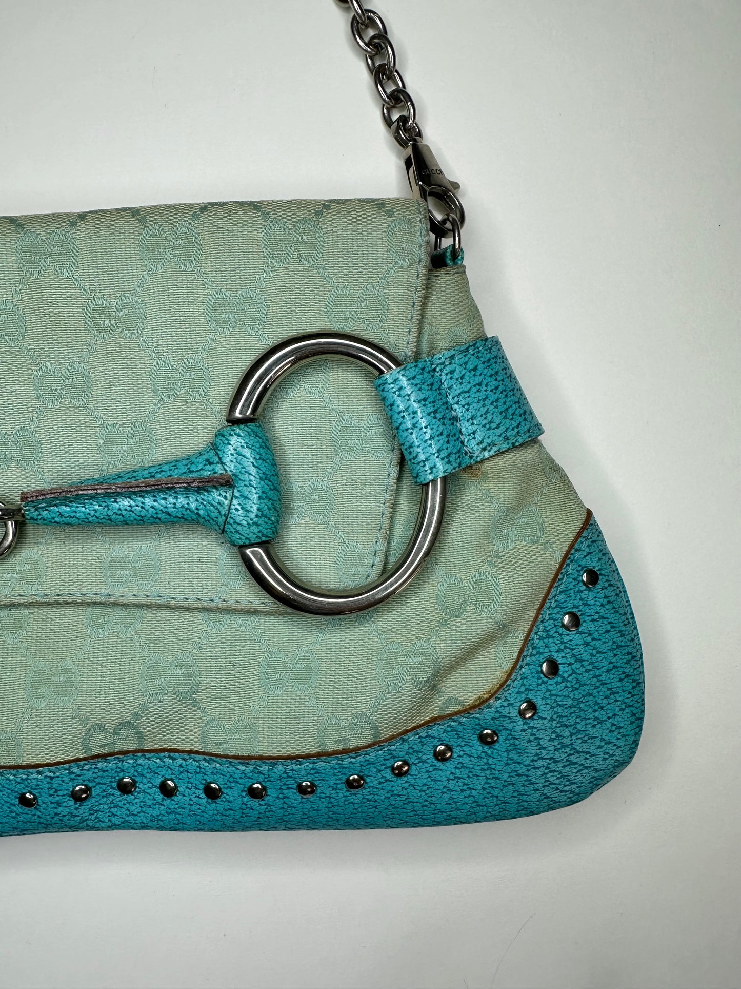 Gucci Turquoise Monogram Horsebit Clutch Bag