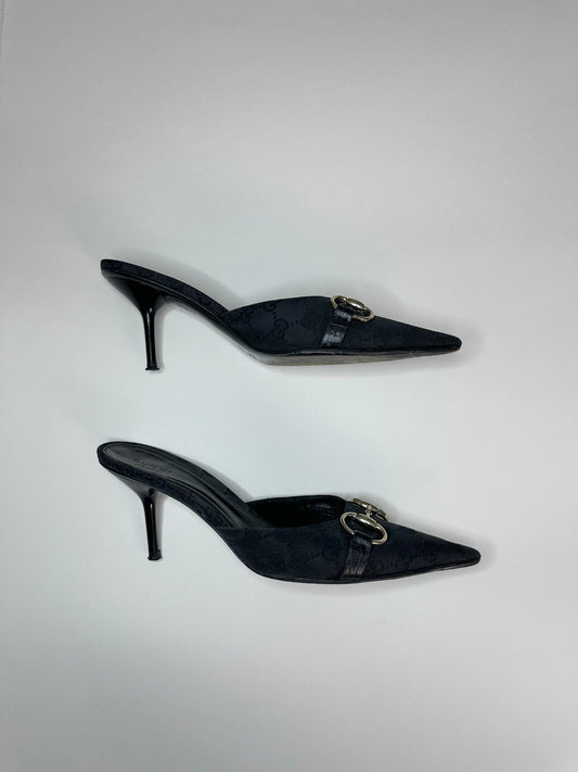 Gucci Black Monogram Horsebit Mules 37.5