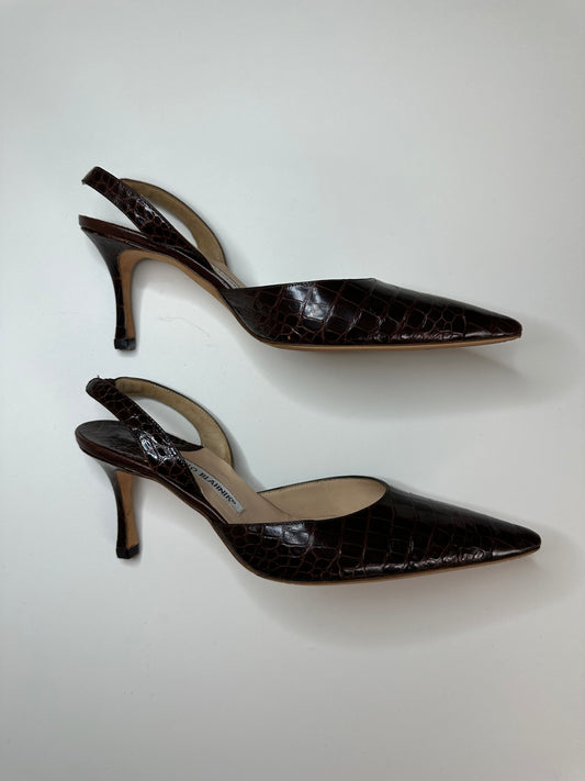Manolo Blahnik Brown Croc Slingbacks 38