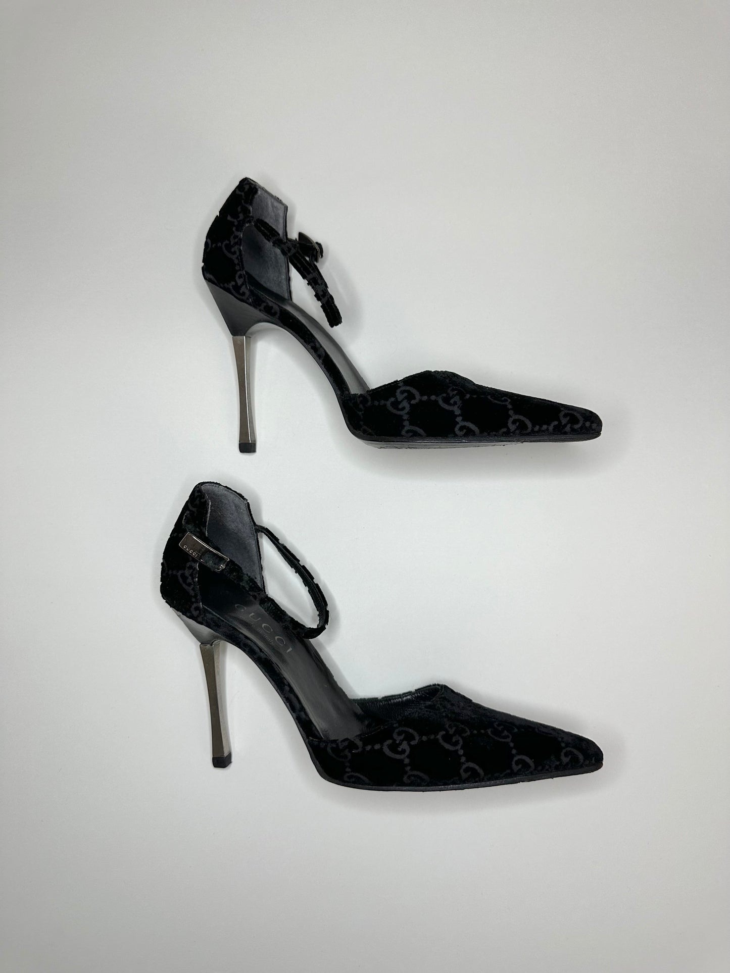 Gucci Velvet Monogram Strap Heels 35.5