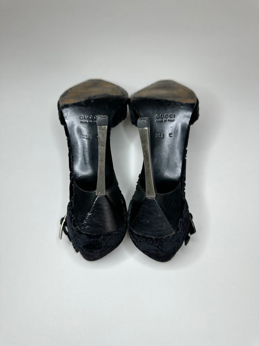 Gucci Velvet Monogram Strap Heels 35.5