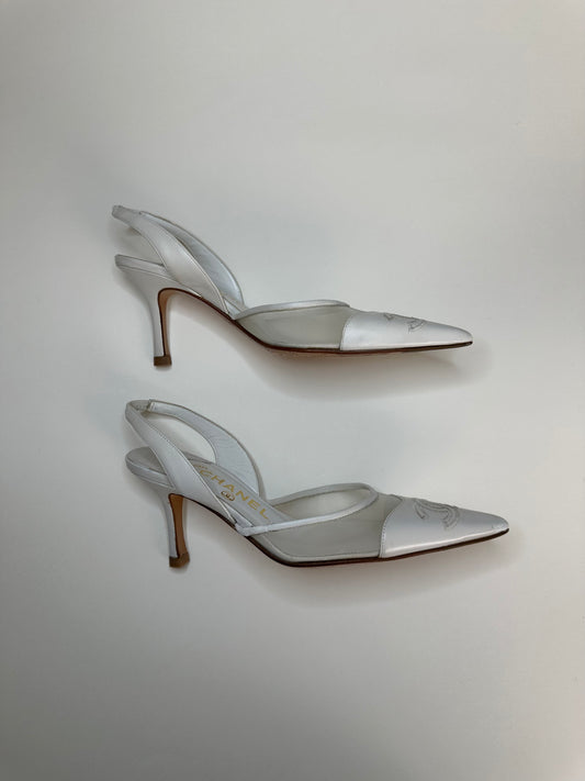 Chanel White Mesh Slingbacks 35.5