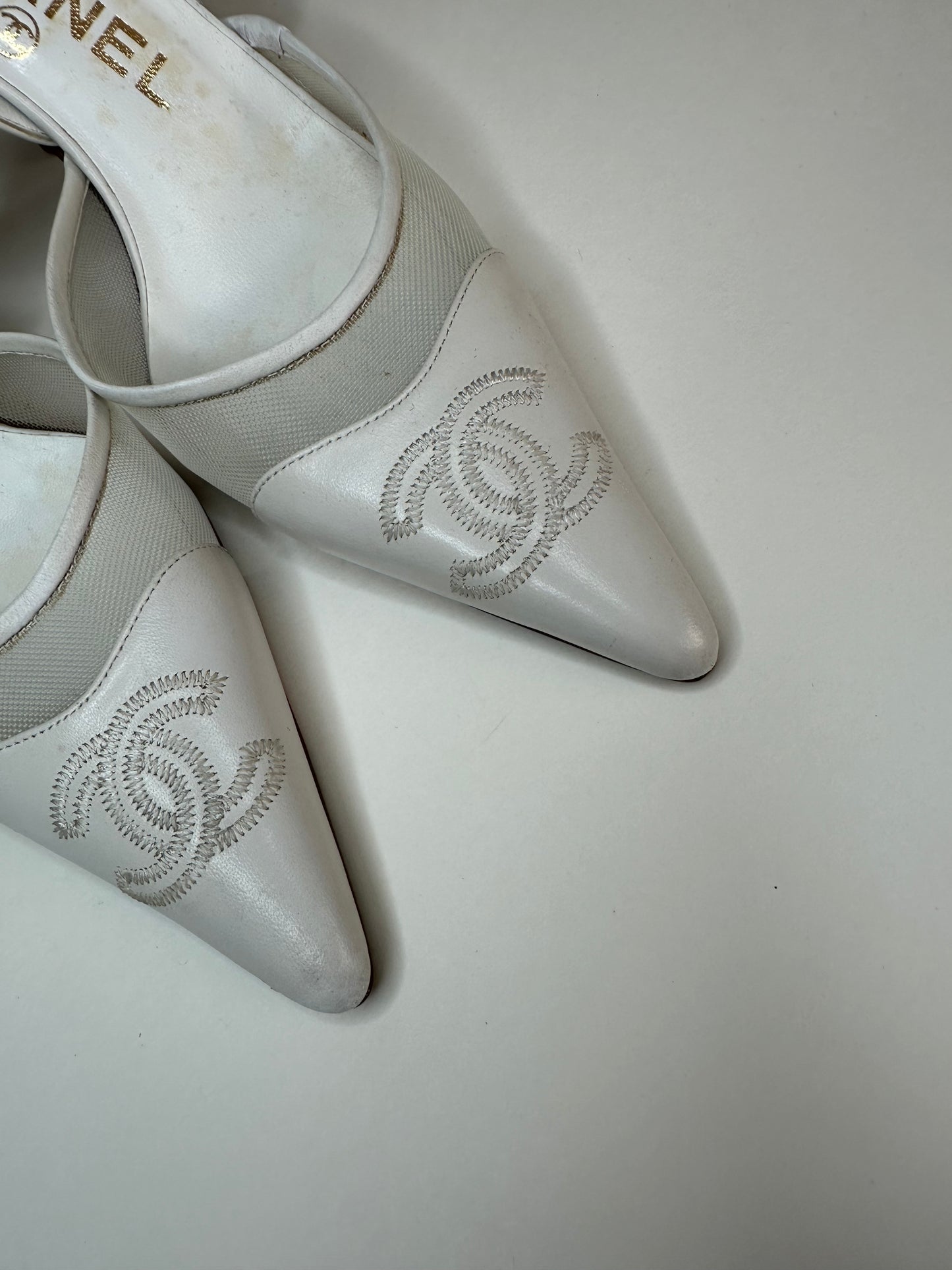 Chanel White Mesh Slingbacks 35.5