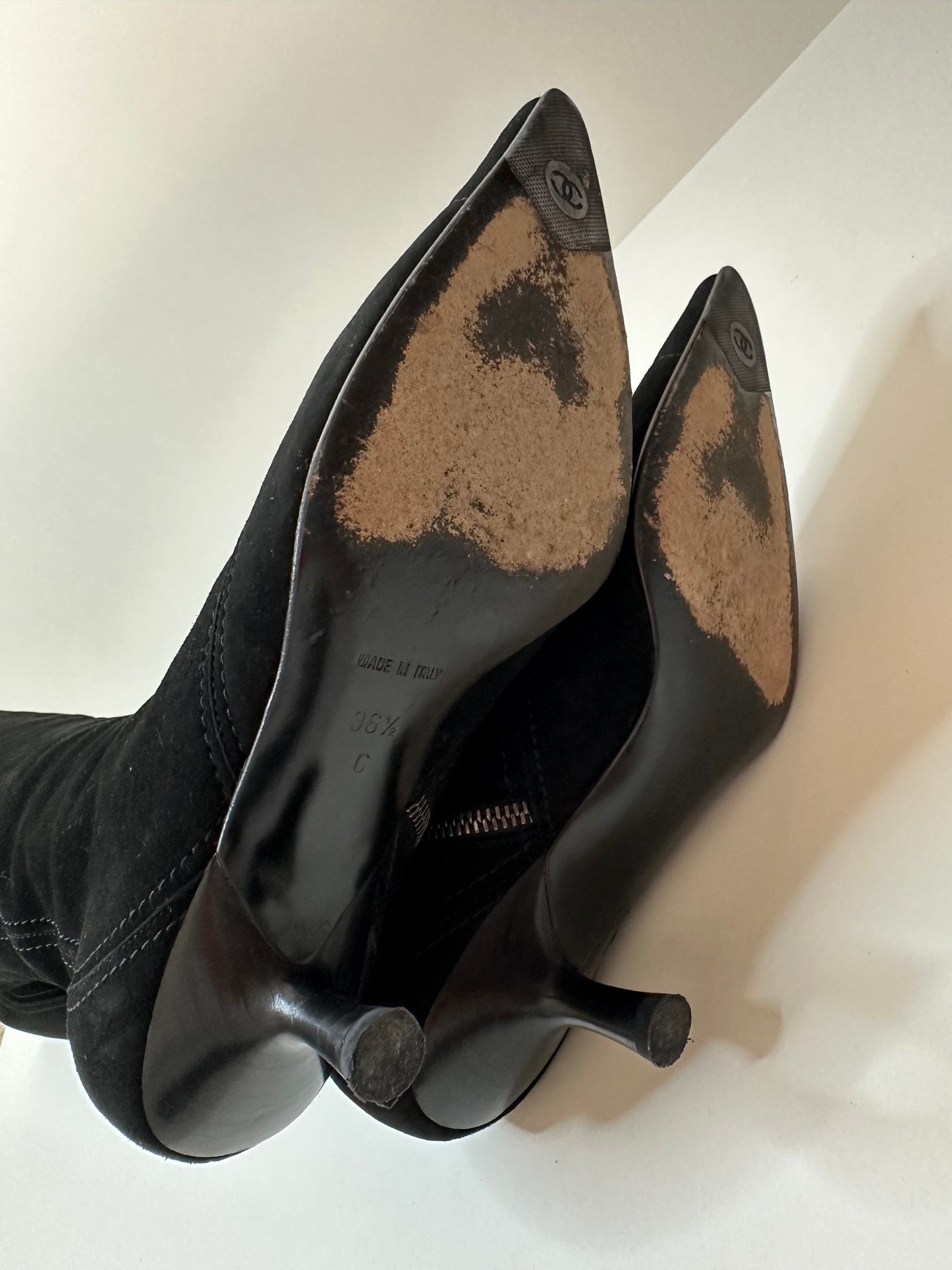 Chanel Black Suede Logo Boots 36.5