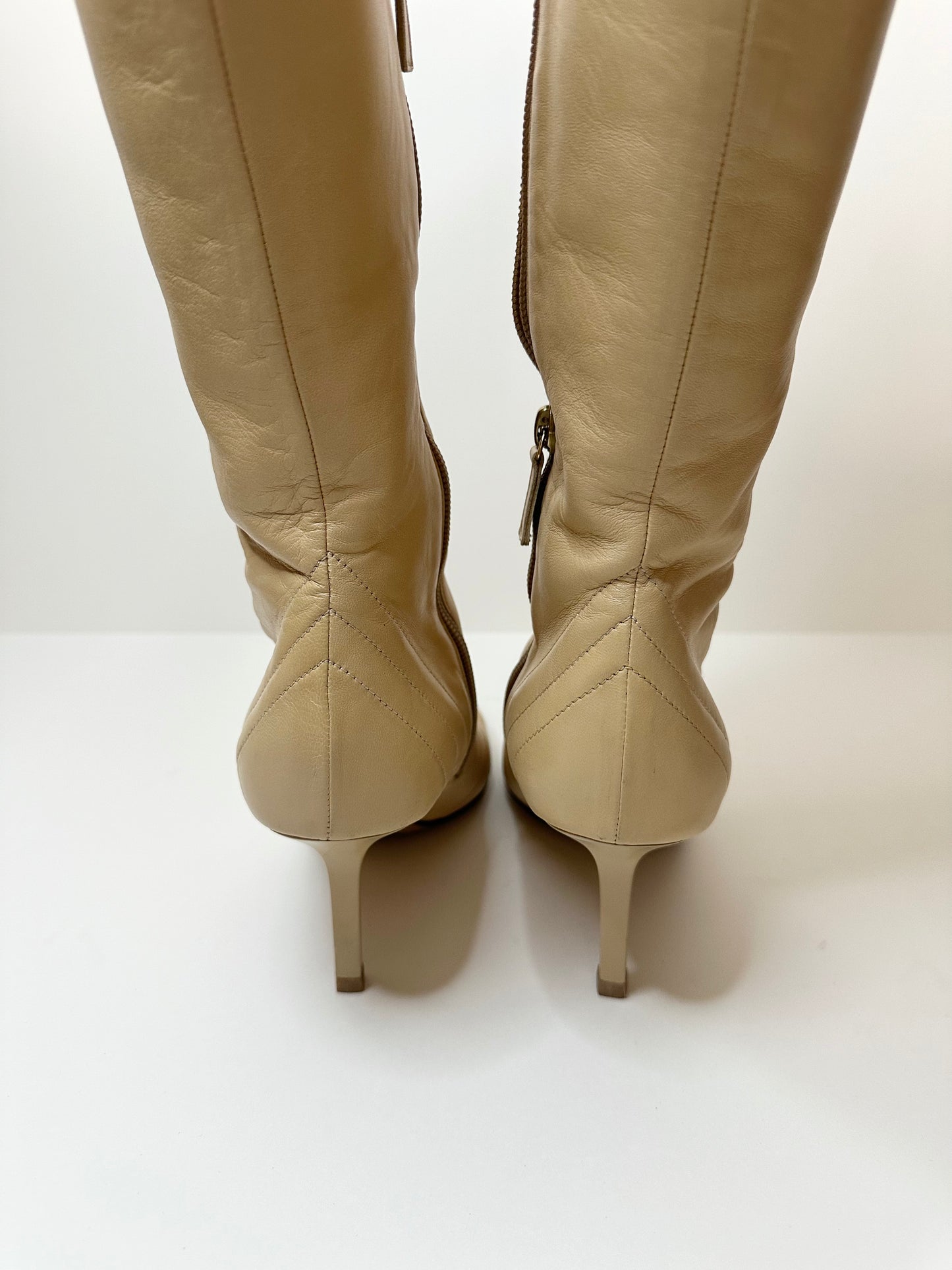 Chanel Beige Leather Turnlock Boots 37.5