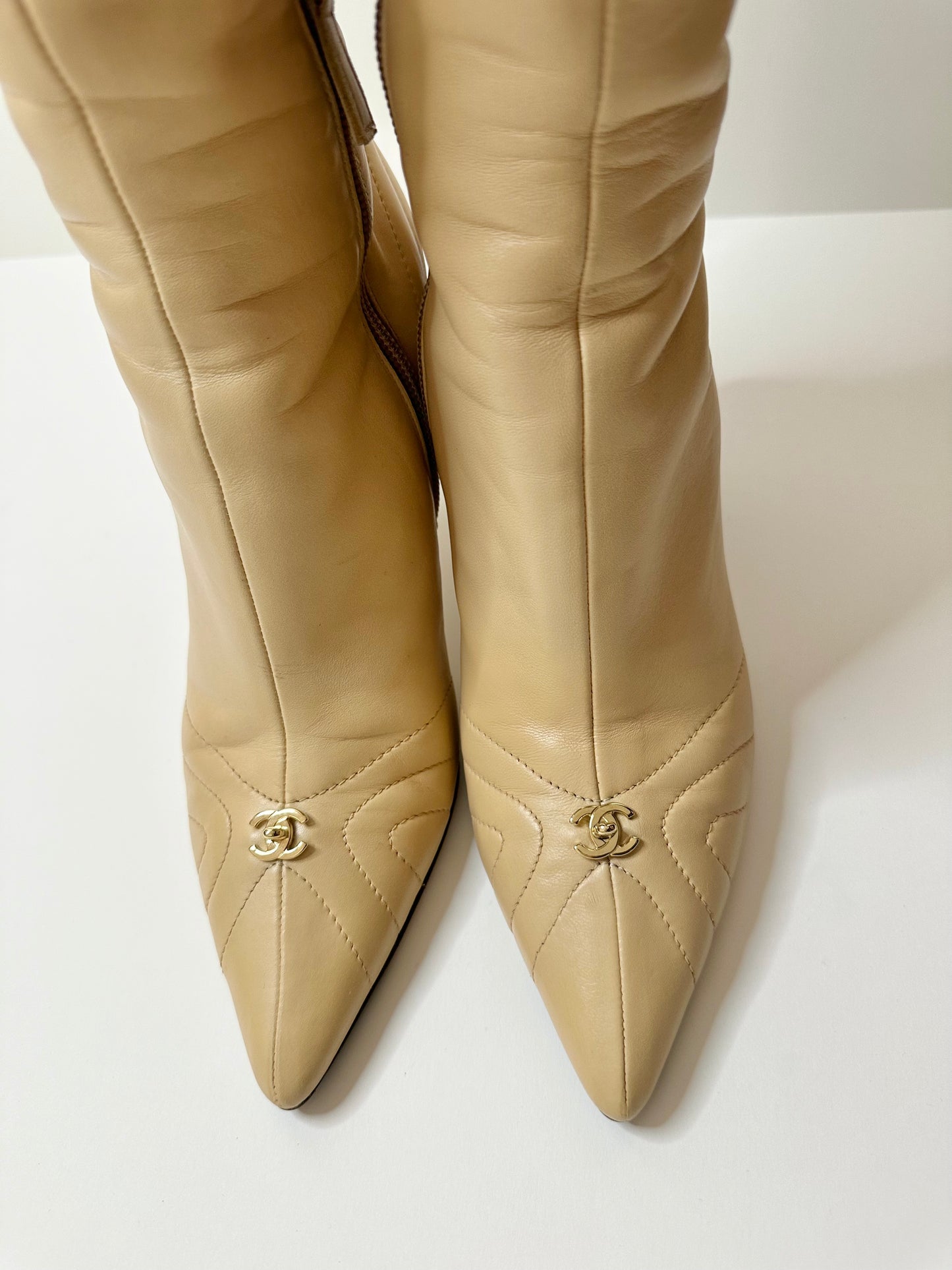 Chanel Beige Leather Turnlock Boots 37.5
