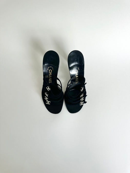 Chanel Black Rhinestone Logo Sandals 35