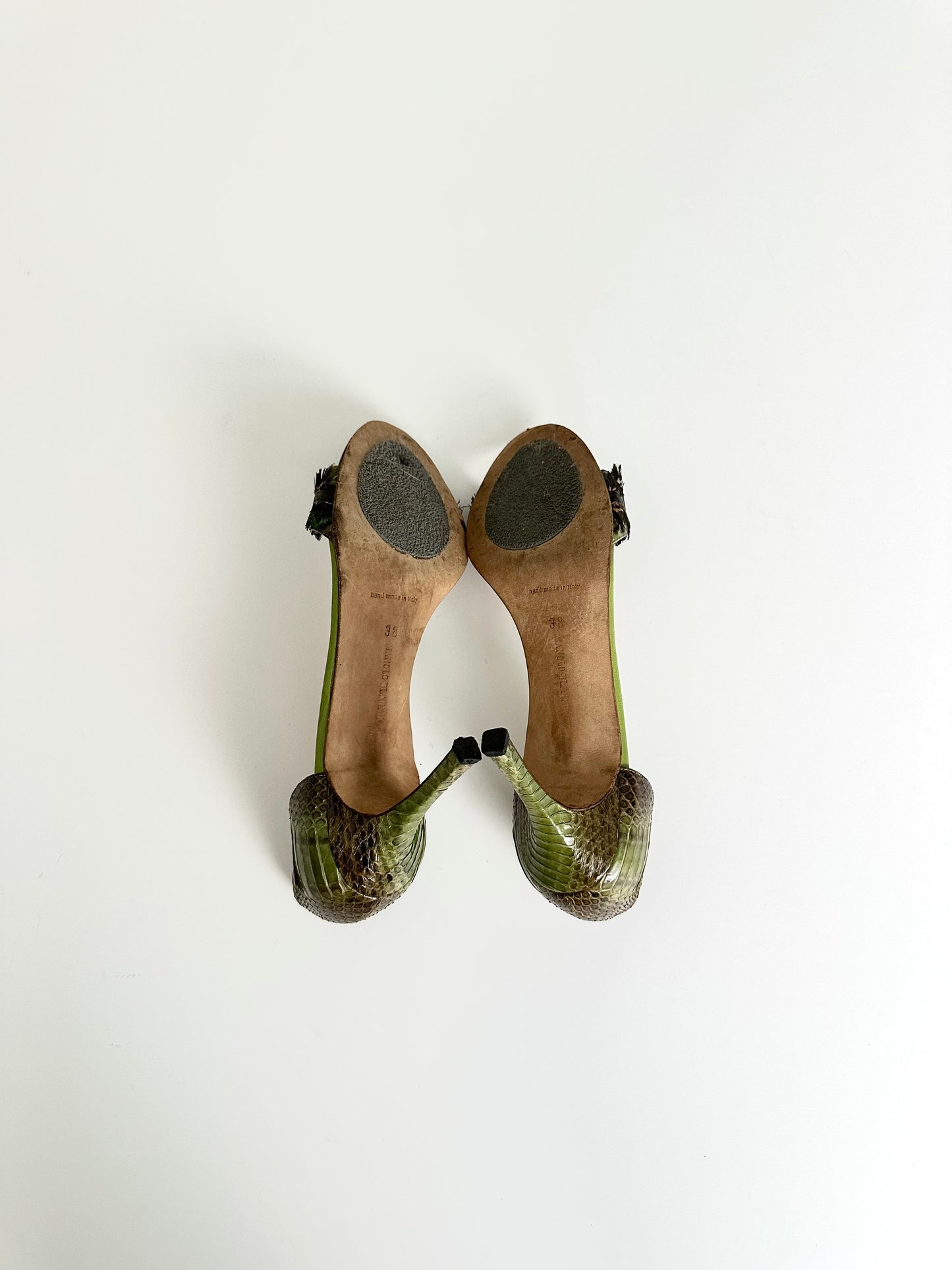 Manolo Blahnik Green Python Feather Pumps 38