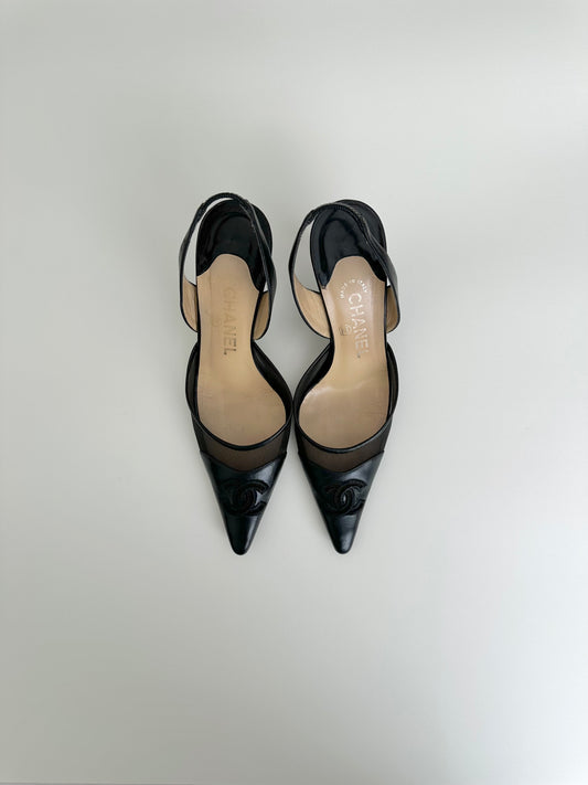 Chanel Black Mesh Logo Slingback 37.5