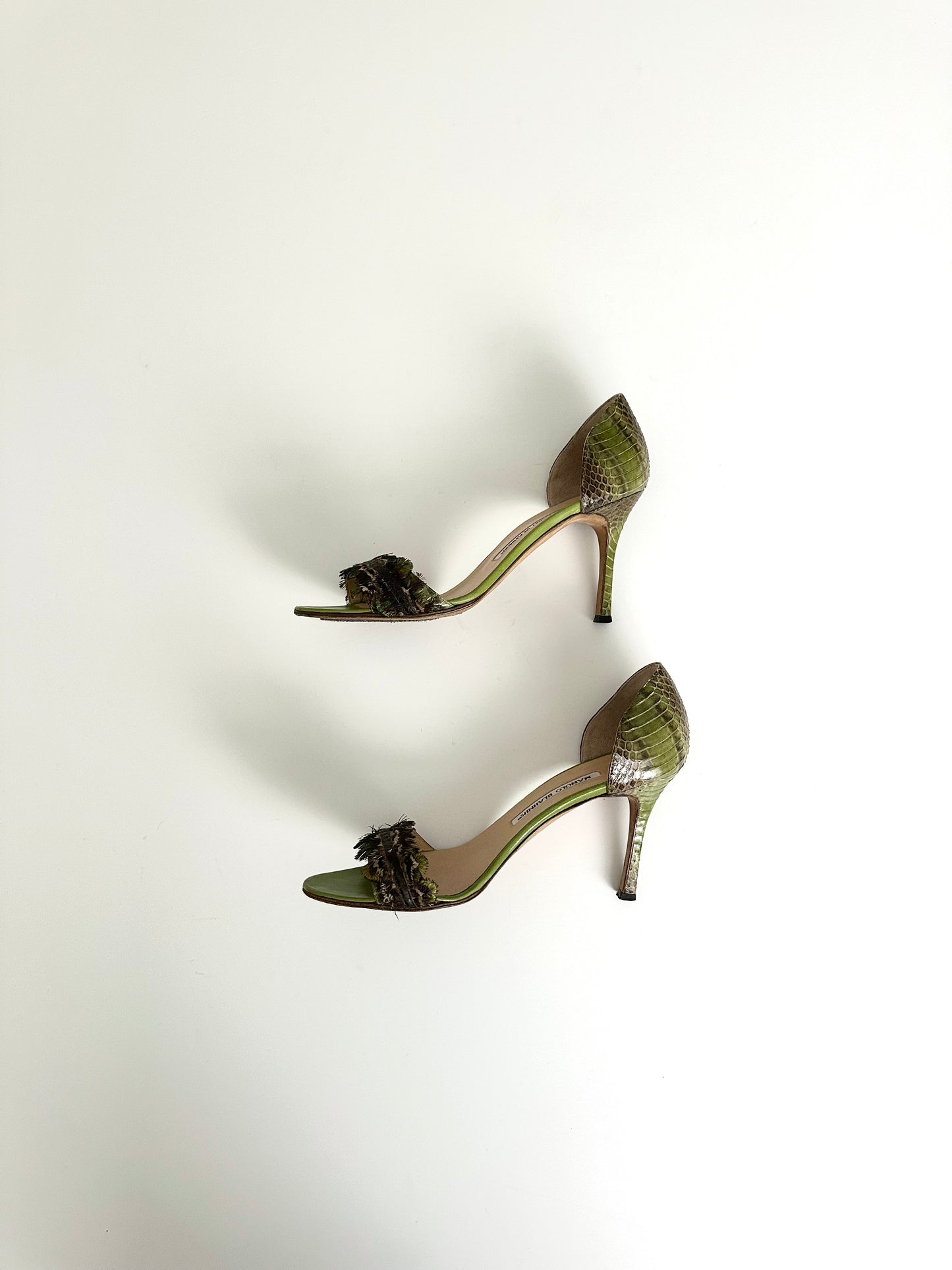 Manolo Blahnik Green Python Feather Pumps 38
