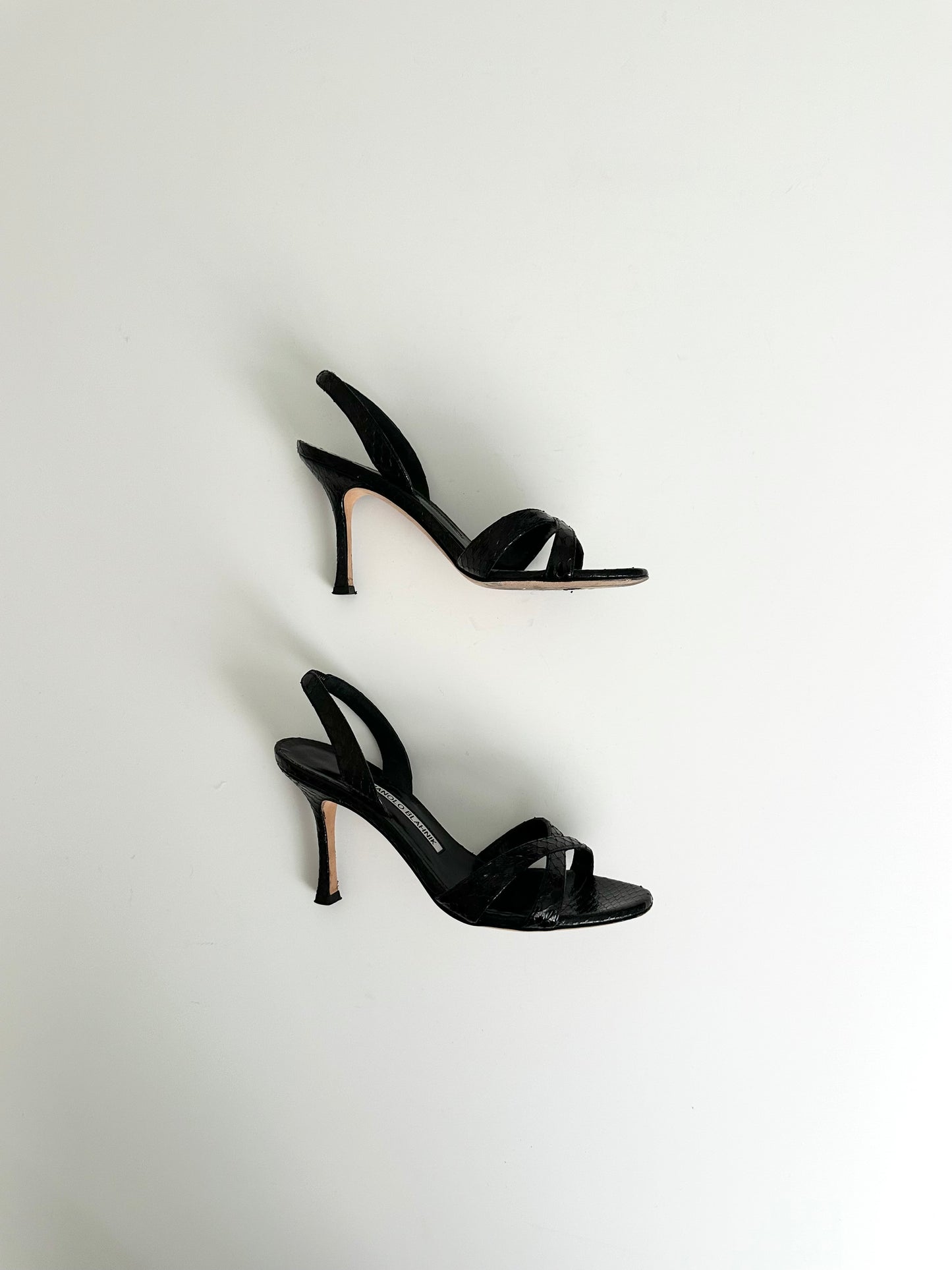 Manolo Blahnik Black Callasli Snakeskin Slingback 37