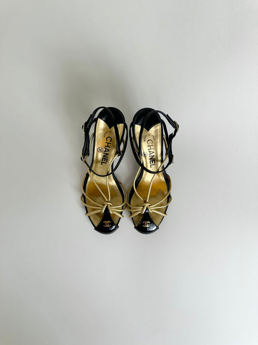 Chanel Black/Gold Caged Logo Heels 36