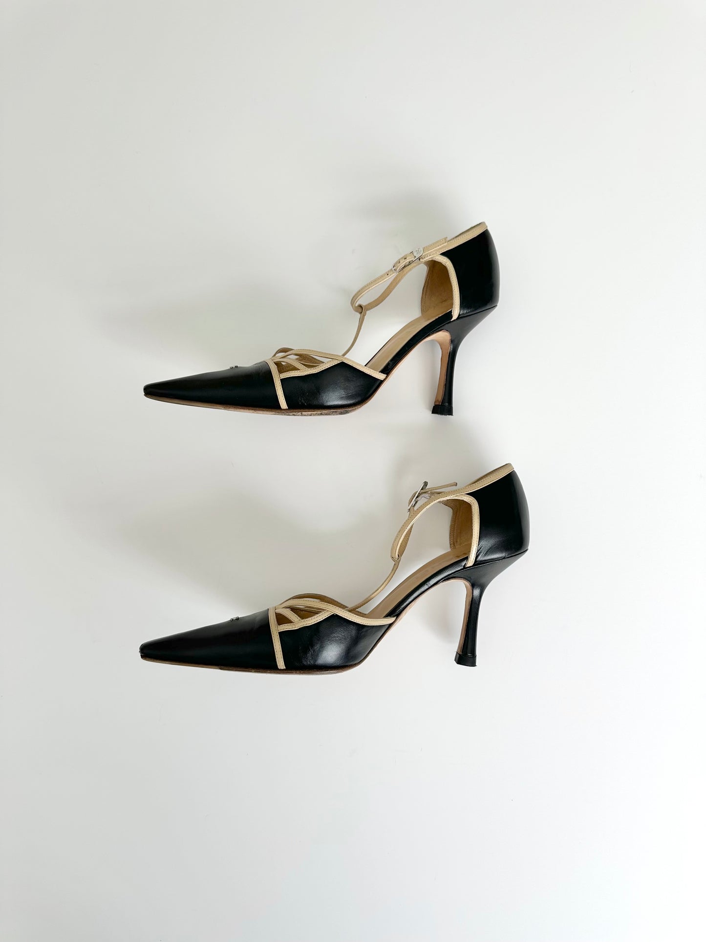 Chanel Black/Beige T-Strap Heels 39