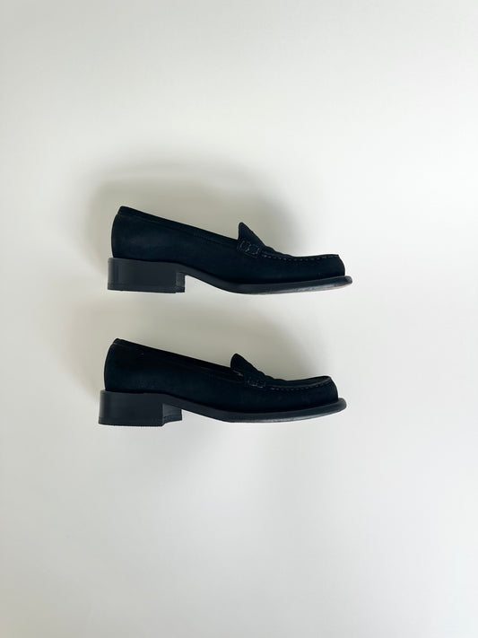 Chanel Black Suede Logo Loafers 35