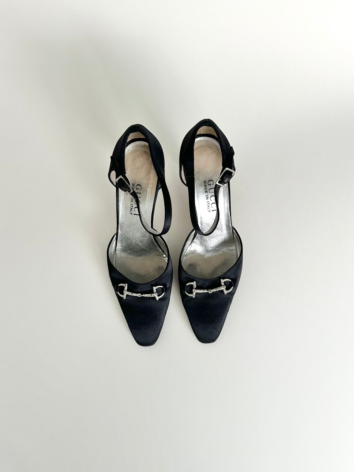 Gucci Black Satin Rhinestone Horsebit Heels US 8