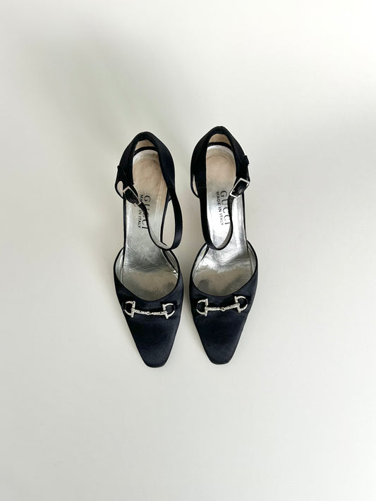 Gucci Black Satin Rhinestone Horsebit Heels US 8
