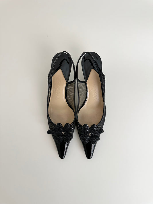 Chanel Black Mesh Clover Slingbacks 38