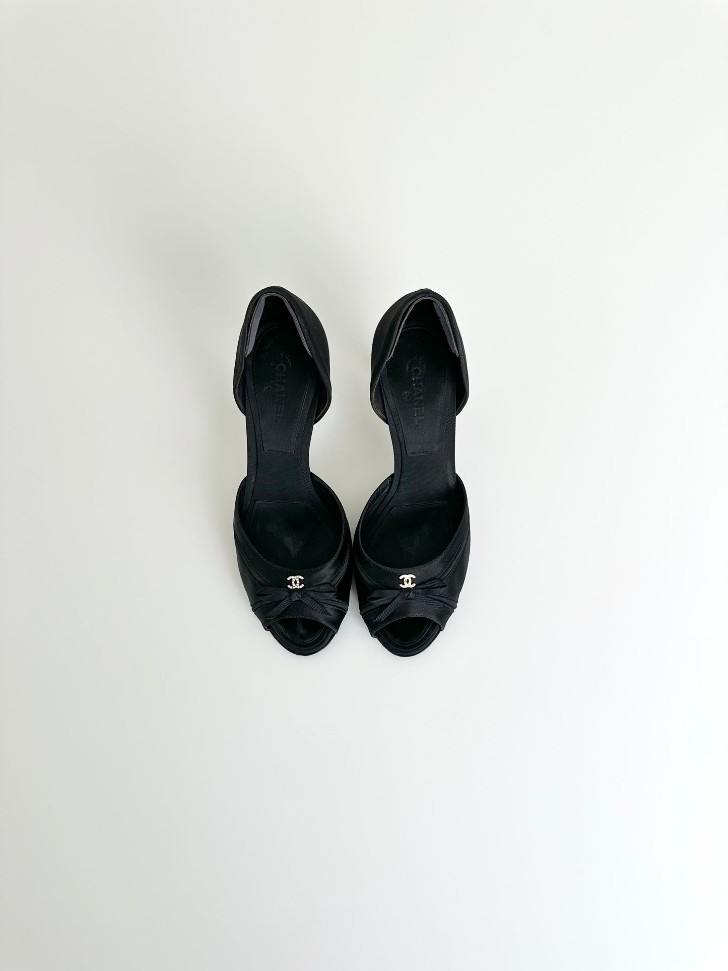 Chanel Black Satin Rhinestone Logo Pumps 39